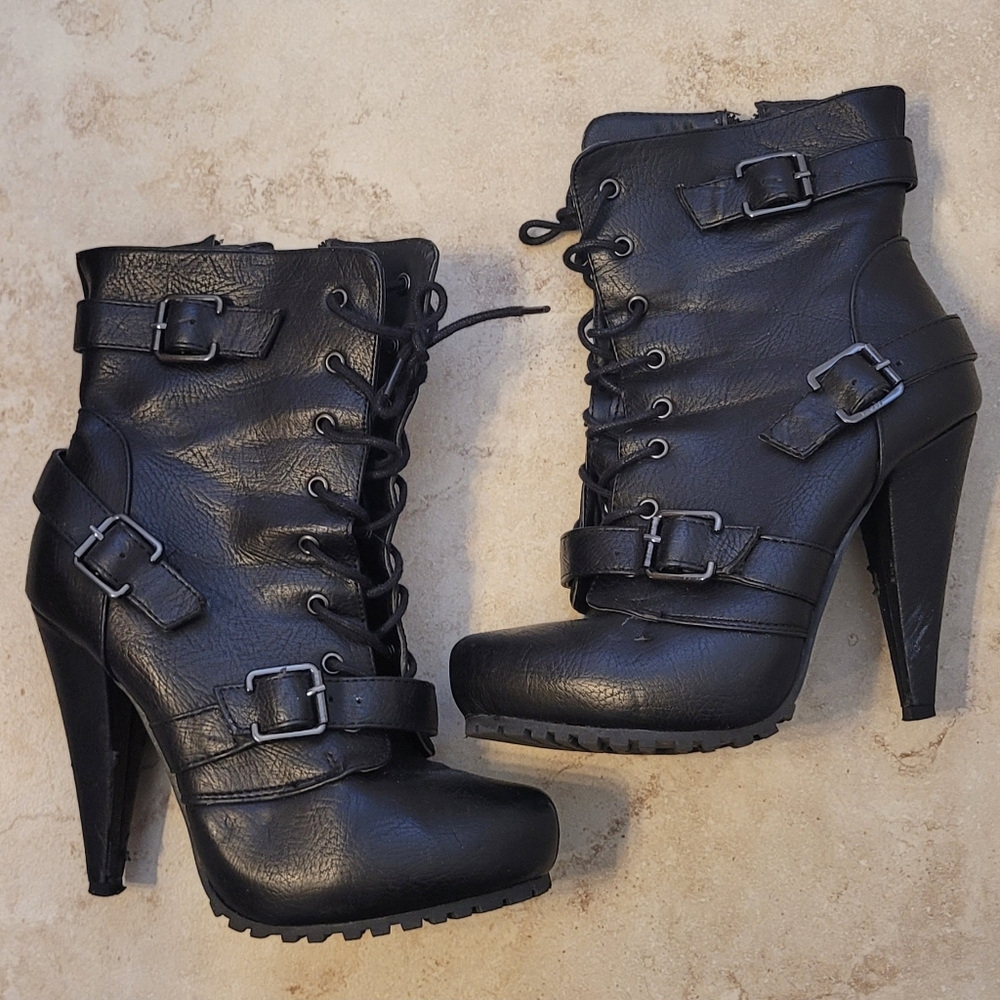 Charlotte Russe Designer Ankle Boots, Sz 8, Black, Side Zipper, String Tie